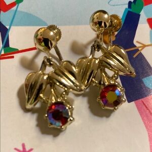 Elegant Gold Leaf Screw Back Earrings with Red Gemstones